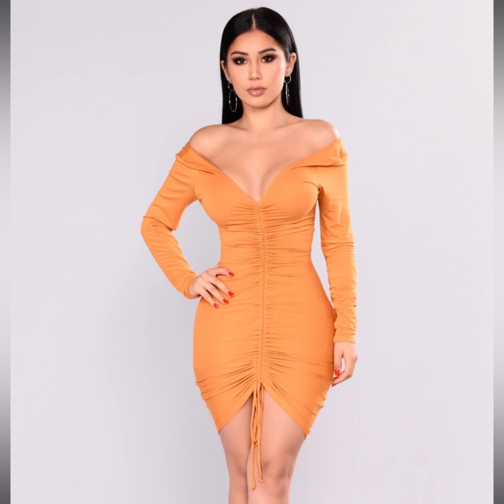 Fashion Nova Hong Kong Ruched Dress - Color Mustard